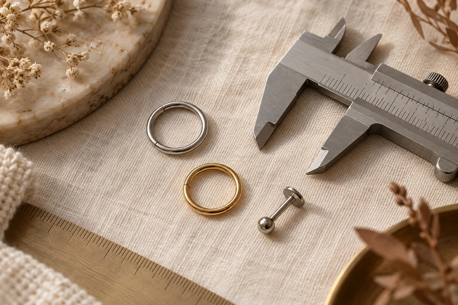 Goldfarbener und silberfarbener Ring sowie ein Labret auf hellem Leinen neben einem Messschieber